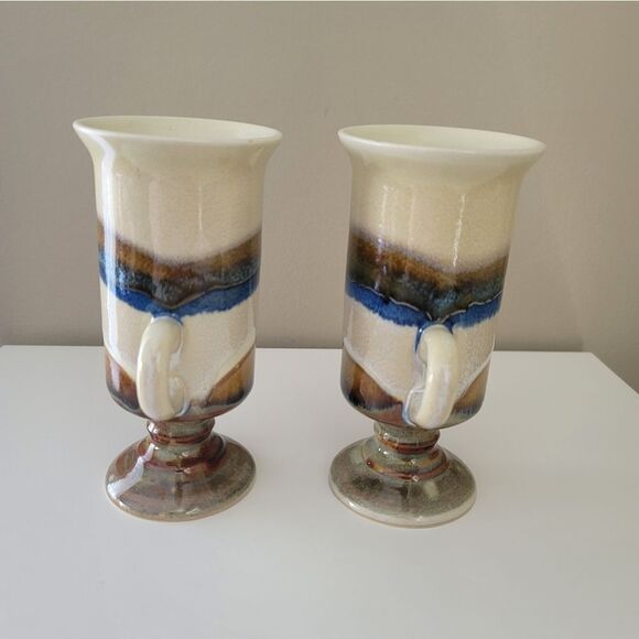 Vintage Otagiri Irish Coffee Mugs Pedestal Blue Beige Set of 2 1049 B - Picture 7 of 12